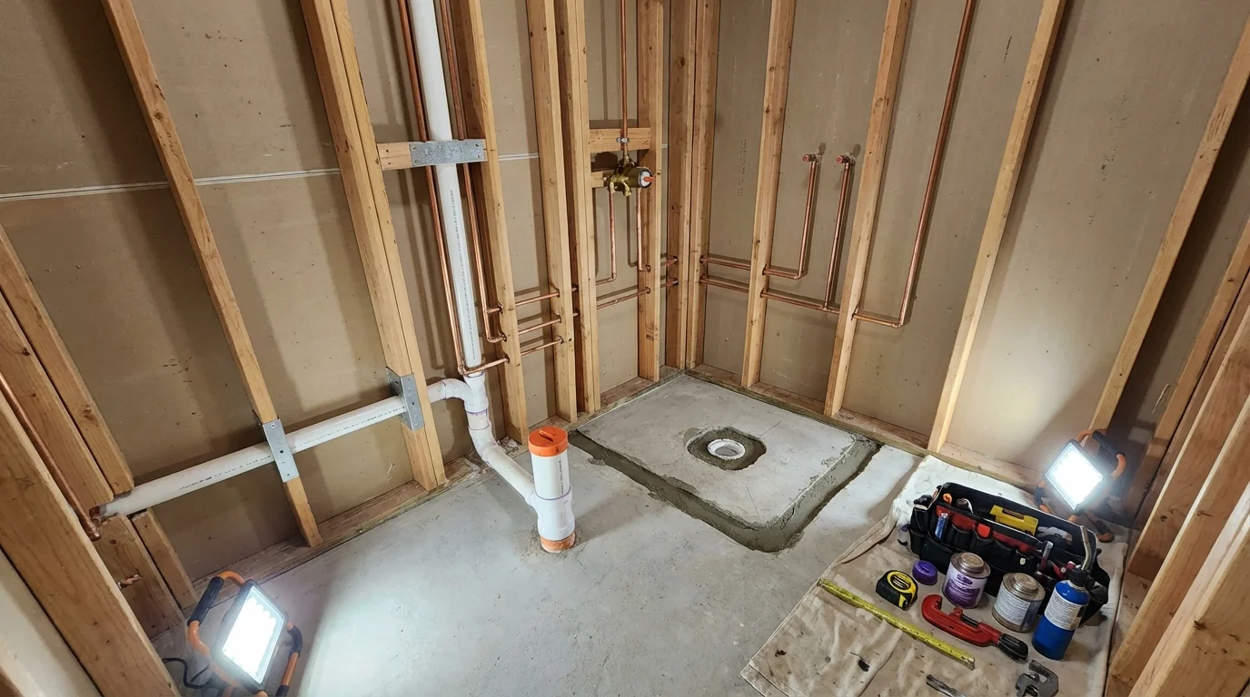 Bathroom rough-in plumbing during remodel by Johns Plumbing LLC in Dike