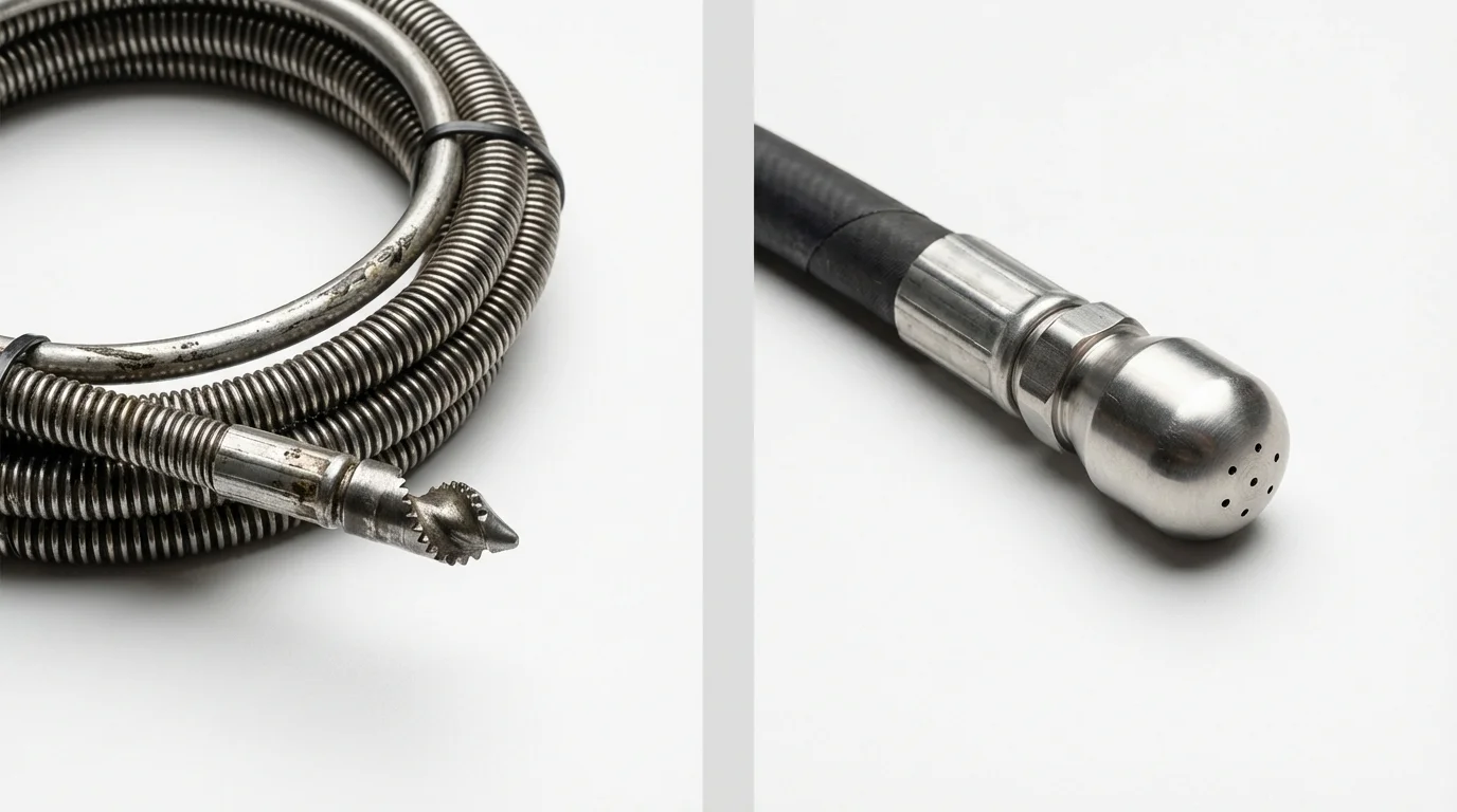 Drain snake cable and hydro jetting nozzle used for drain cleaning in Dike, IA