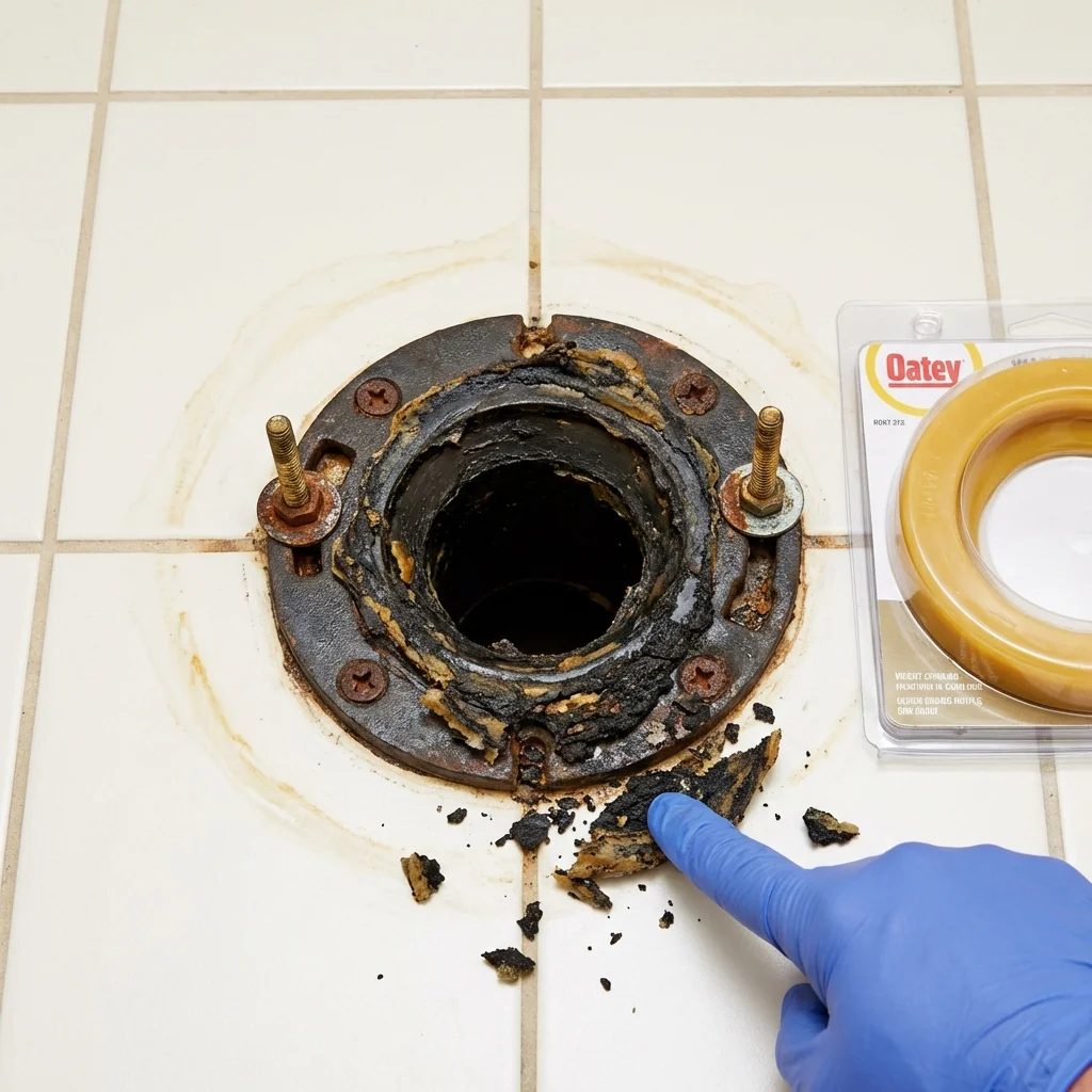 Failed wax ring showing water seepage at the base of a toilet in a Dike, IA home